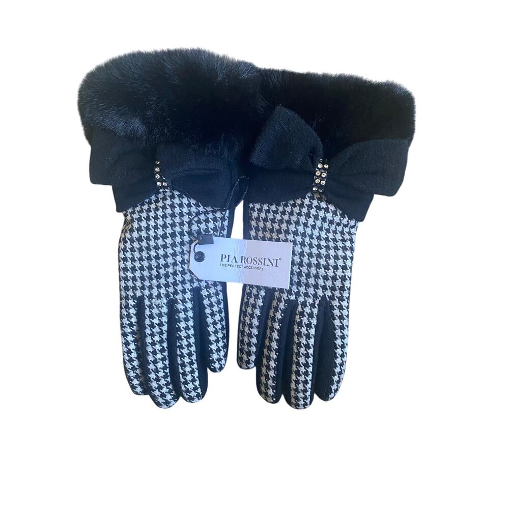 NWT Women’s Pia Rossini Houndstooth and Bow Wool Gloves s/m